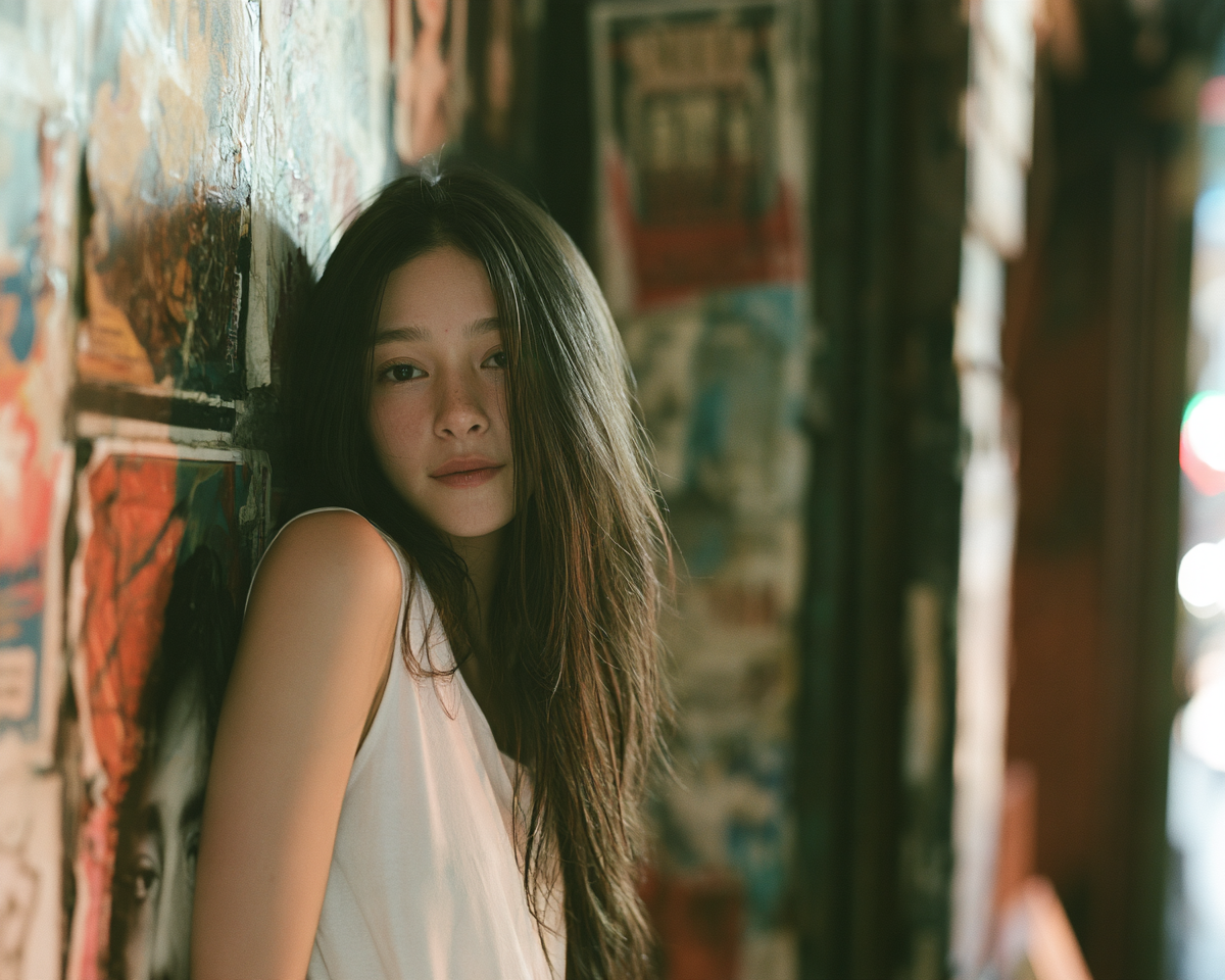 年轻女性 · 旧海报 · 白色上衣