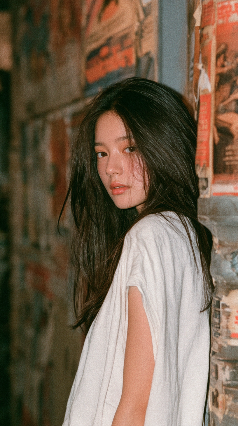年轻女性 · 旧海报 · 白色上衣
